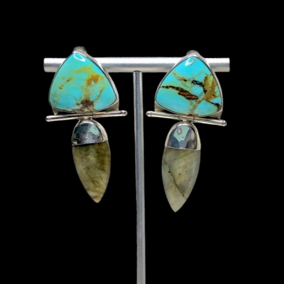 VINTAGE Sterling Silver Turquoise Labradorite Omega Back Earrings - Picture 3 of 15